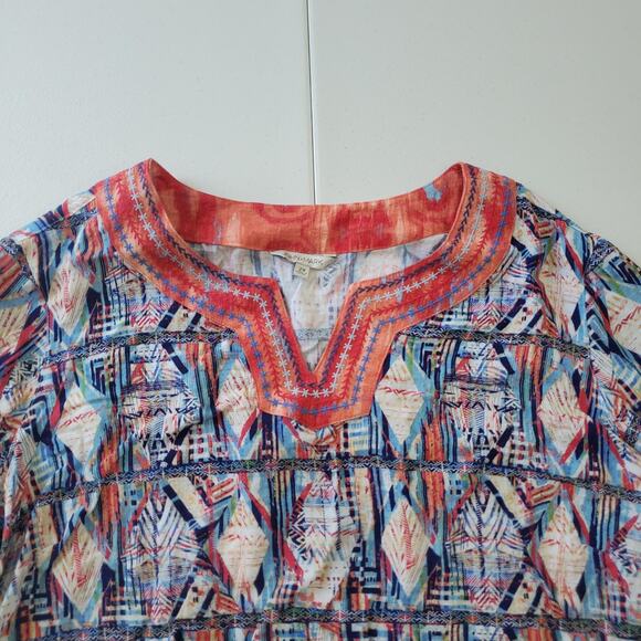 John Mark Shirt Womens 2X Multicolor Geometric Boho 3/4 Sleeve Embroidered Top - Picture 2 of 8